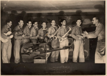 Stalag VIII-A Jazz band; Max is third from right with saxophone