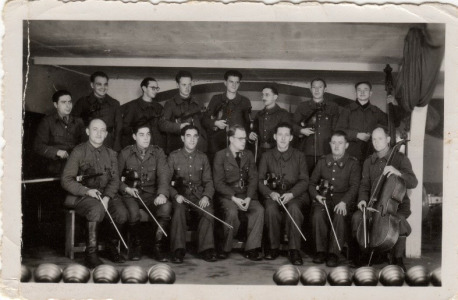Stalag VIII-A Symphony orchestra; Max is third from left