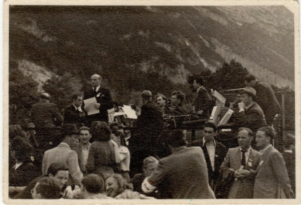Area where Dachau inmates were taken on death march. After the liberation, the Ex-Concentration Camp Orchestra returned to the same spot to perform there as a memorial; Max is on stage.